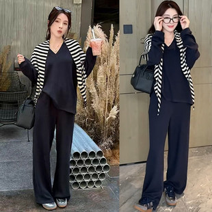三件套 卫衣条纹披肩阔腿裤 早秋巨好看 一整套穿搭慵懒风V领长袖