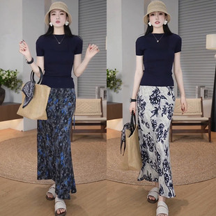超好看的夏装一整套半高领气质针织短袖上衣拼色碎花半身裙两件套