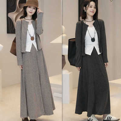 长袖开衫背心高腰半身裙三件套