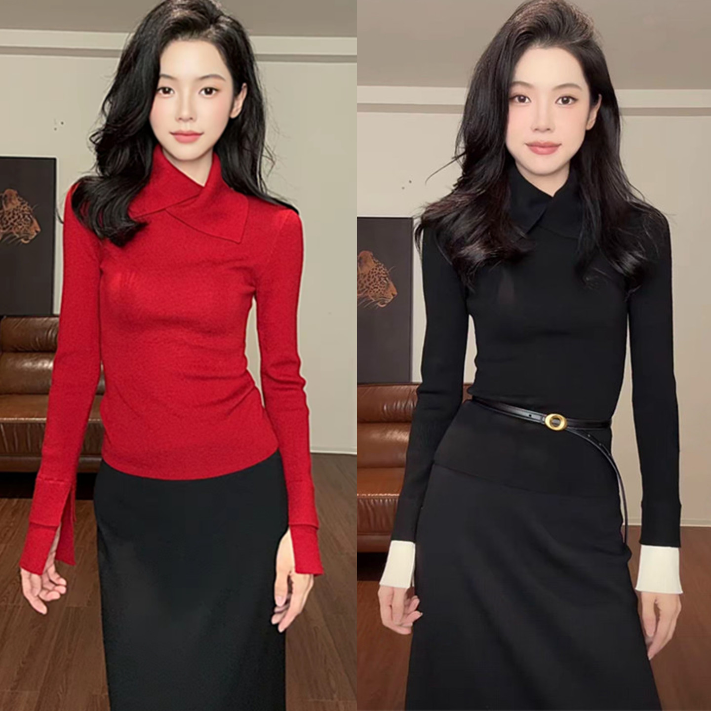 法式时髦双层袖半高翻领针织衫