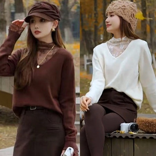 设计感镂空蕾丝半高领针织衫女秋冬韩系减龄修身显瘦打底内搭上衣