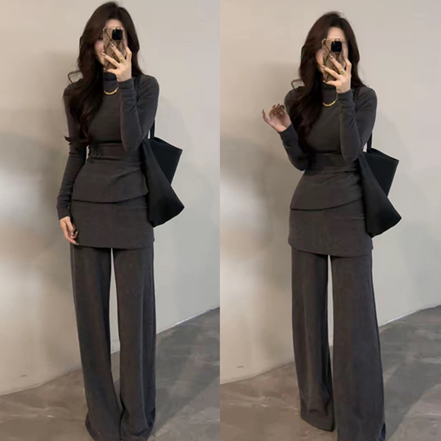 高领针织上衣微喇休闲裤两件套