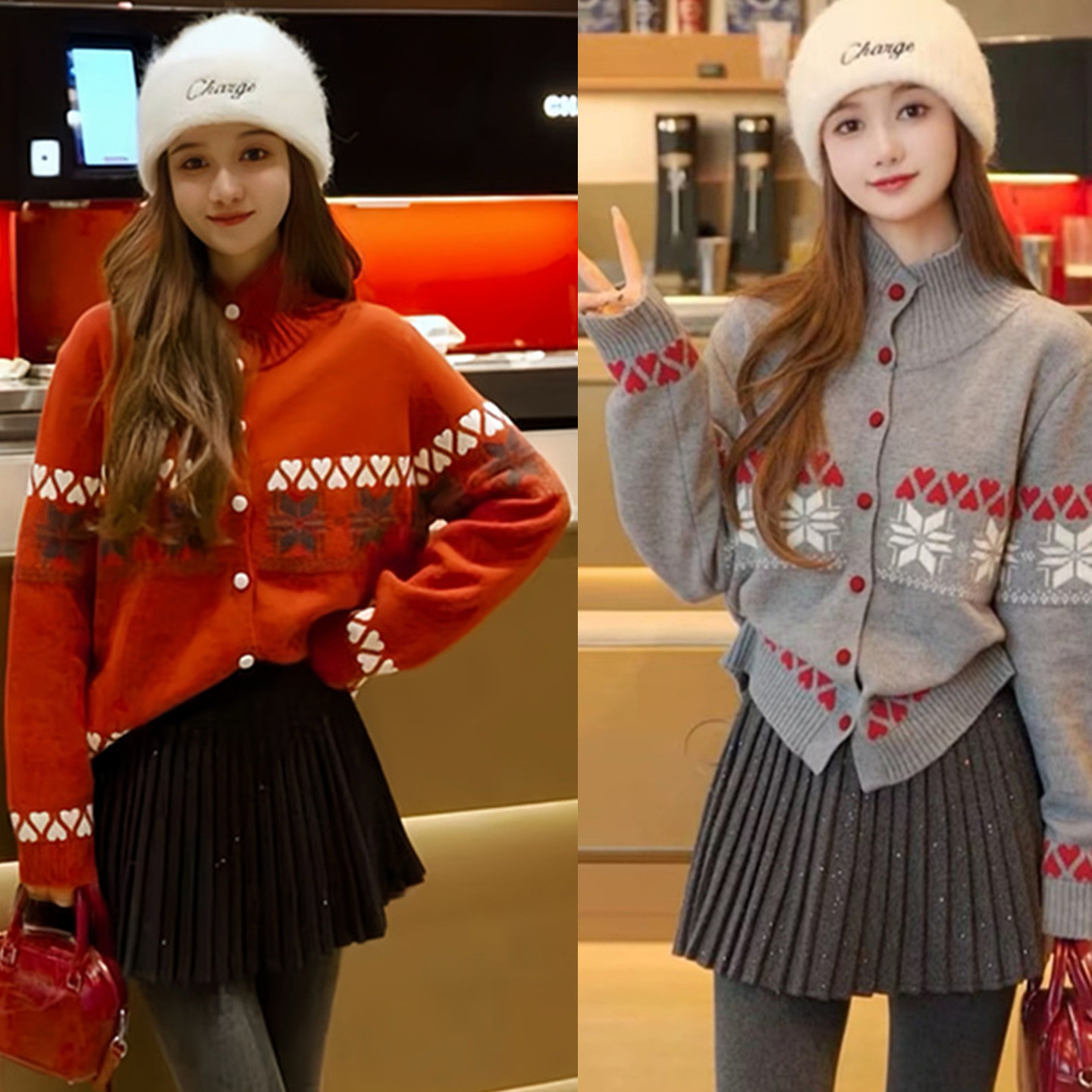 撞色半高领软糯单排扣开衫毛衣