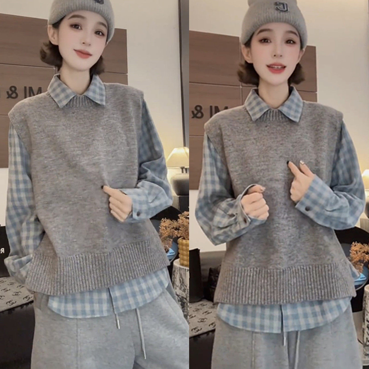 秋冬一整套穿搭学院风文艺复古针织马甲背心格子衬衫叠穿减龄套装,女装/女士精品,时尚套装,淘宝优惠券,粉丝福利购,淘宝优惠卷