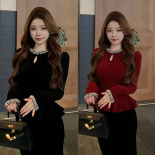 法式气质绝美重工钉珠长袖针织衫上衣高腰显瘦半身裙两件套女冬季