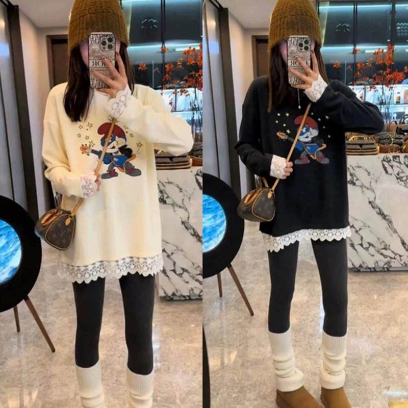 韩系卡通印花蕾丝拼接磨毛T恤女冬中长款遮肉显瘦打底衫上衣chic,女装/女士精品,卫衣/绒衫,淘宝优惠券,粉丝福利购,淘宝优惠卷