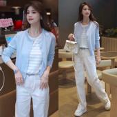 早春穿搭一整套女条纹撞色假两件针织衫 两件套潮 显腿长直筒牛仔裤