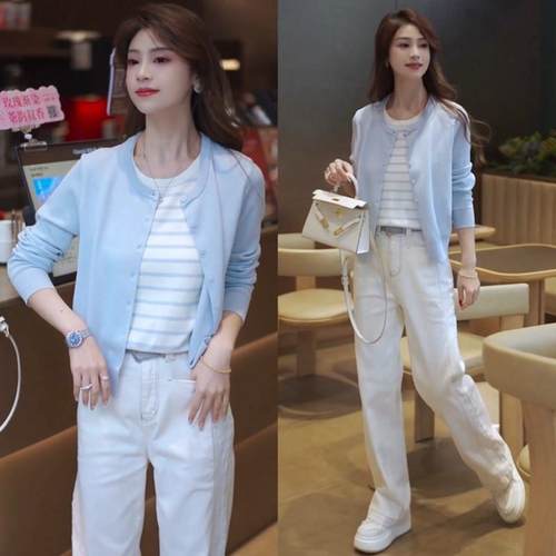 条纹撞色假两件针织衫直筒牛仔裤