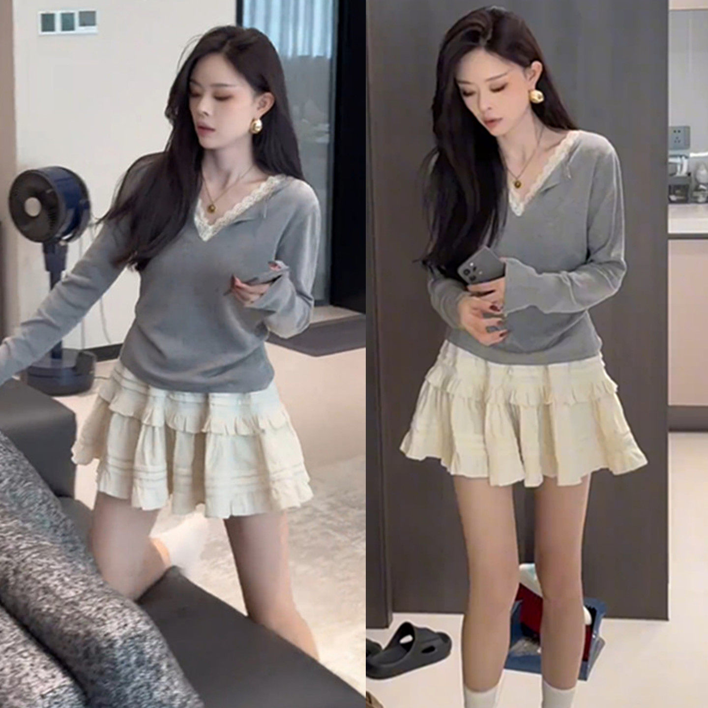 韩系纯欲风蕾丝拼接V领长袖针织衫女早秋新款高腰蛋糕半身裙套装,女装/女士精品,时尚套装,淘宝优惠券,粉丝福利购,淘宝优惠卷