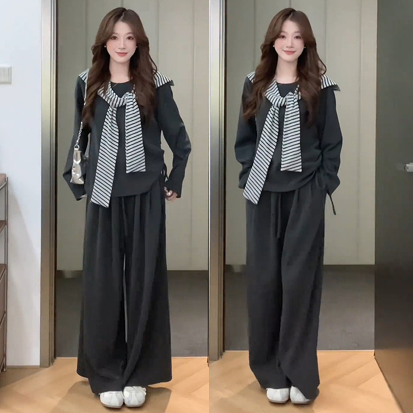 条纹披肩圆领长袖t恤休闲阔腿裤