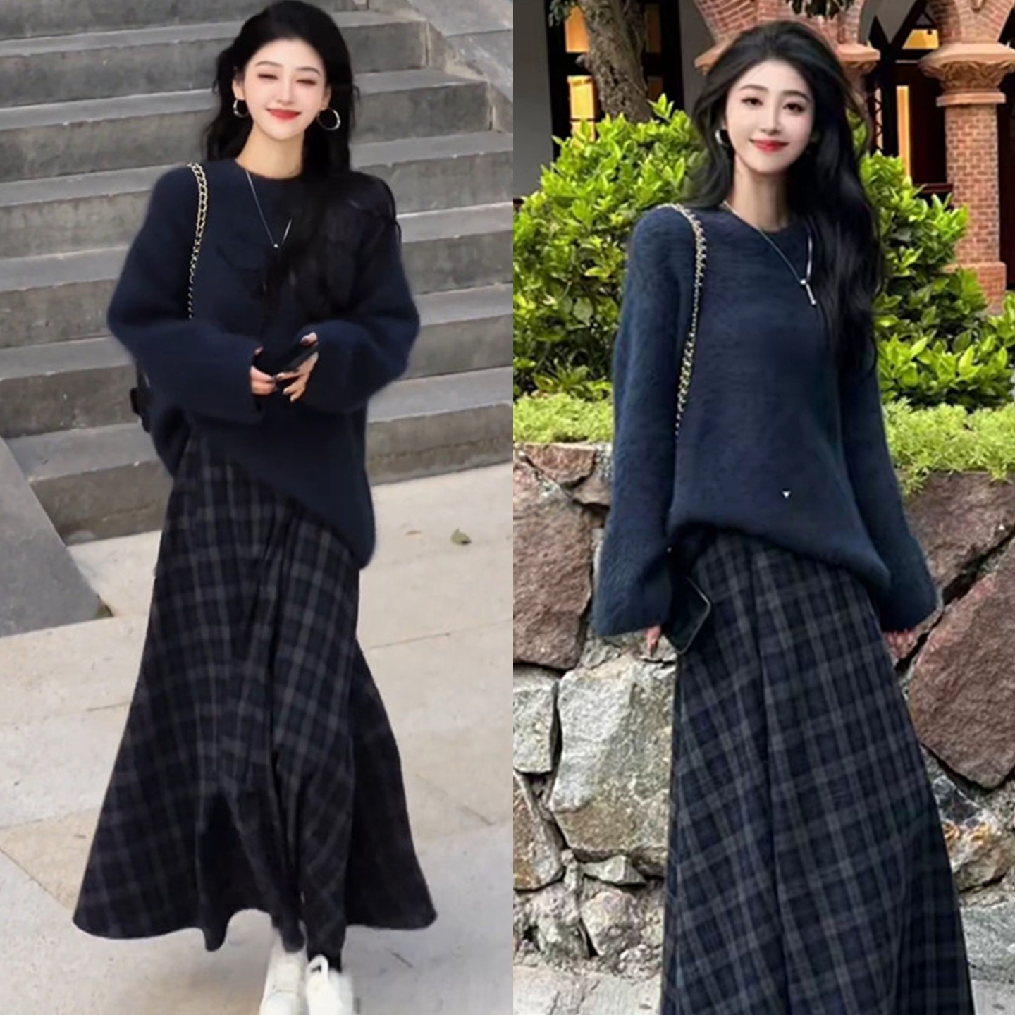 纯色软糯毛衣格子半身裙两件套