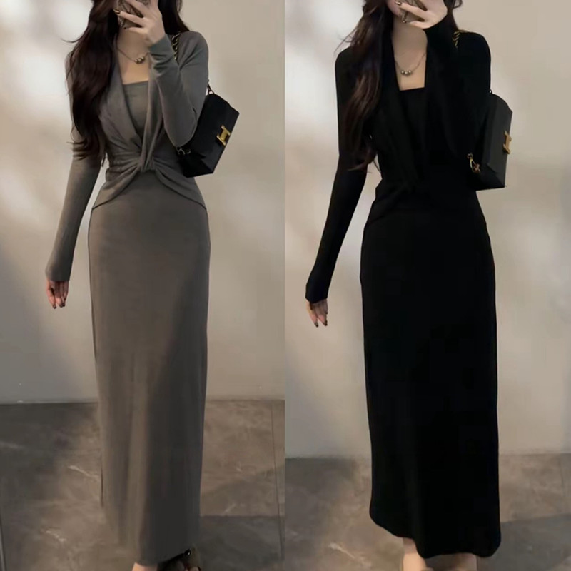 法式气质扭结假两件V领连衣裙