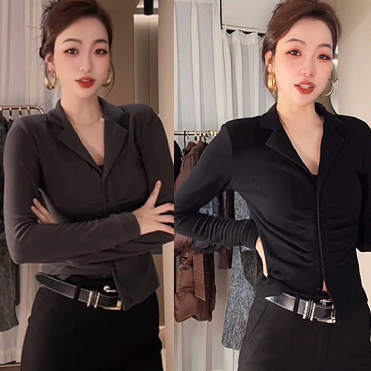 单排扣褶皱加绒V领保暖打底上衣