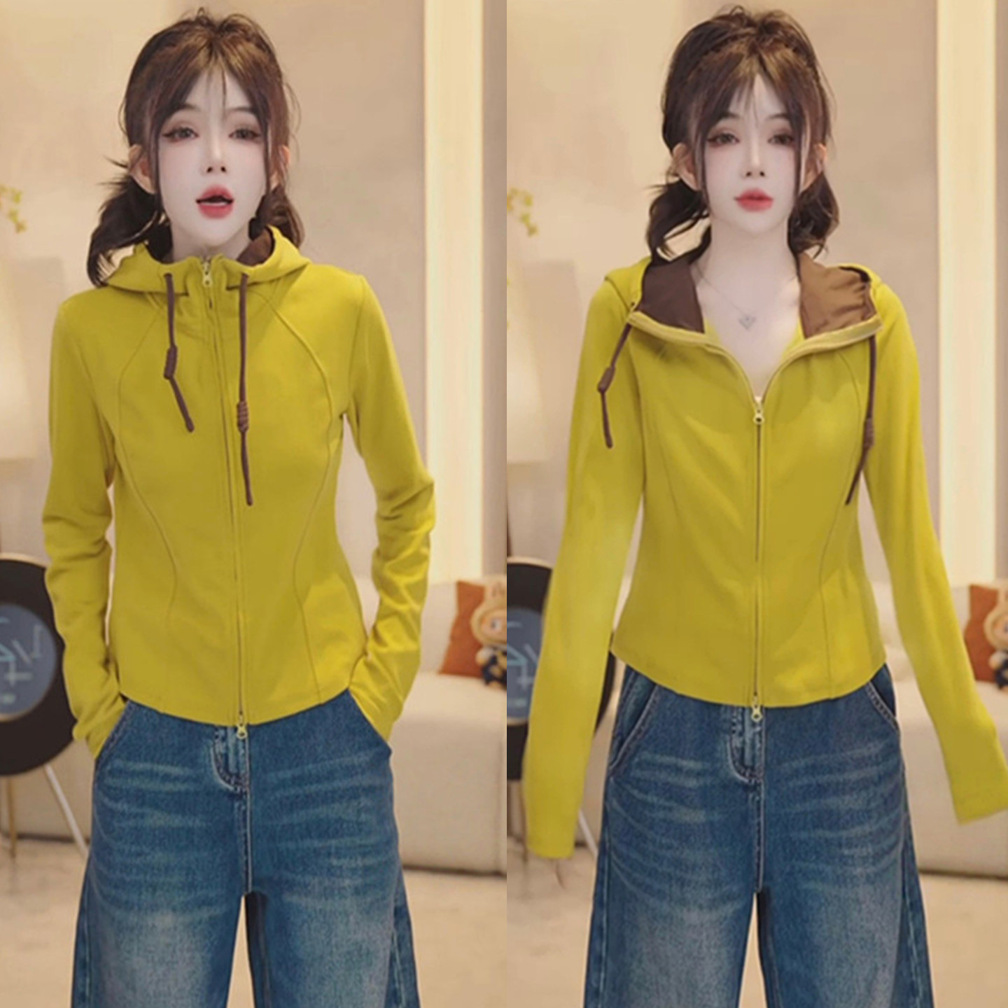 明线双头拉链连帽撞色长袖卫衣