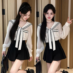 裙两件套 高腰显瘦裤 巨好看早秋穿搭套装 女别致绝美飘带海军领衬衫