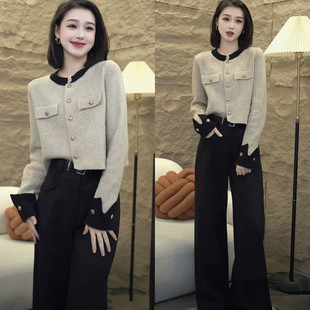 套装 阔腿裤 女2025冬季 外套西装 两件套 撞色针织开衫 小香风穿搭时尚