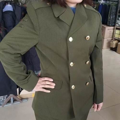 87女马裤呢冬常服老款西装套装双排扣绿色翻领不起球冬季加厚毛料