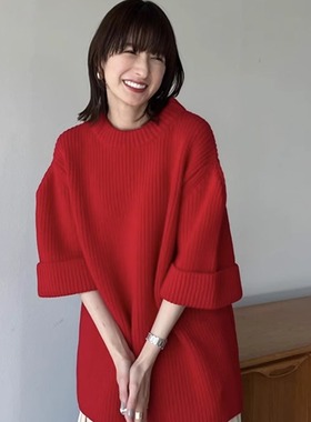 THERSTUDIO ROW小众设计师纯色罗纹针织衫百搭短袖落肩羊毛毛衣女