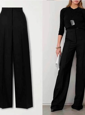 THERSTUDIO ROW风 春秋新款腰羊毛直筒裤女显瘦西裤黑色阔腿长裤