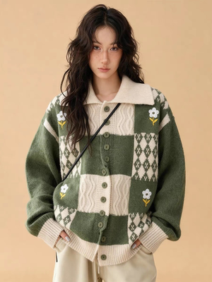 毛衣女秋冬2025新款日系复古宽松慵懒风针织开衫外套方领长袖上衣