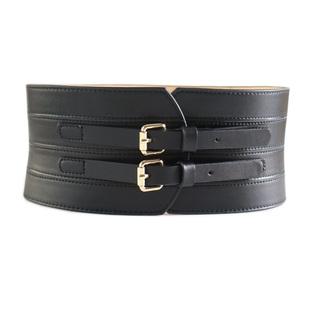 时尚大气头层牛皮装饰腰封配裙子宽腰带女款腰封黑色皮带双扣宽版