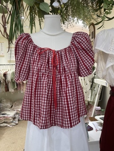 新款 小众洋气方领小衫 女2024夏季 红格子蕾丝拼接系带露肩衬衫 上衣