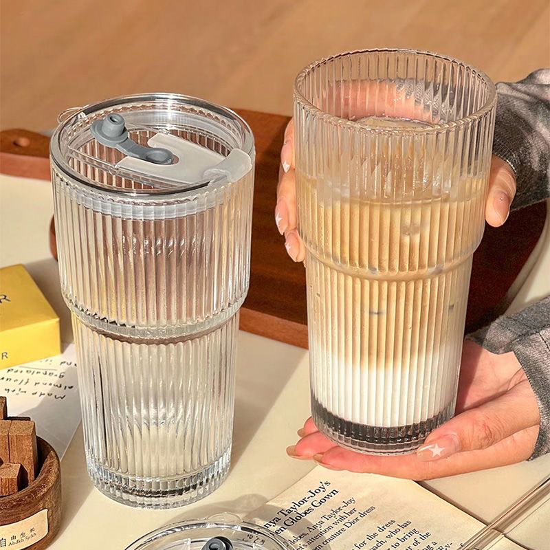 ins风大容量带盖带吸管竖条纹玻璃杯高颜值冷饮杯果汁咖啡杯水杯