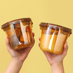 琥珀色玻璃饭盒微波炉加热专用汤碗带盖水果便当盒圆形保鲜盒餐盒