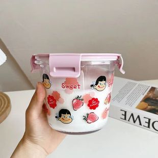 玻璃汤碗饭盒圆形保鲜碗卡通图案带盖汤碗学生便携保鲜盒破损包赔