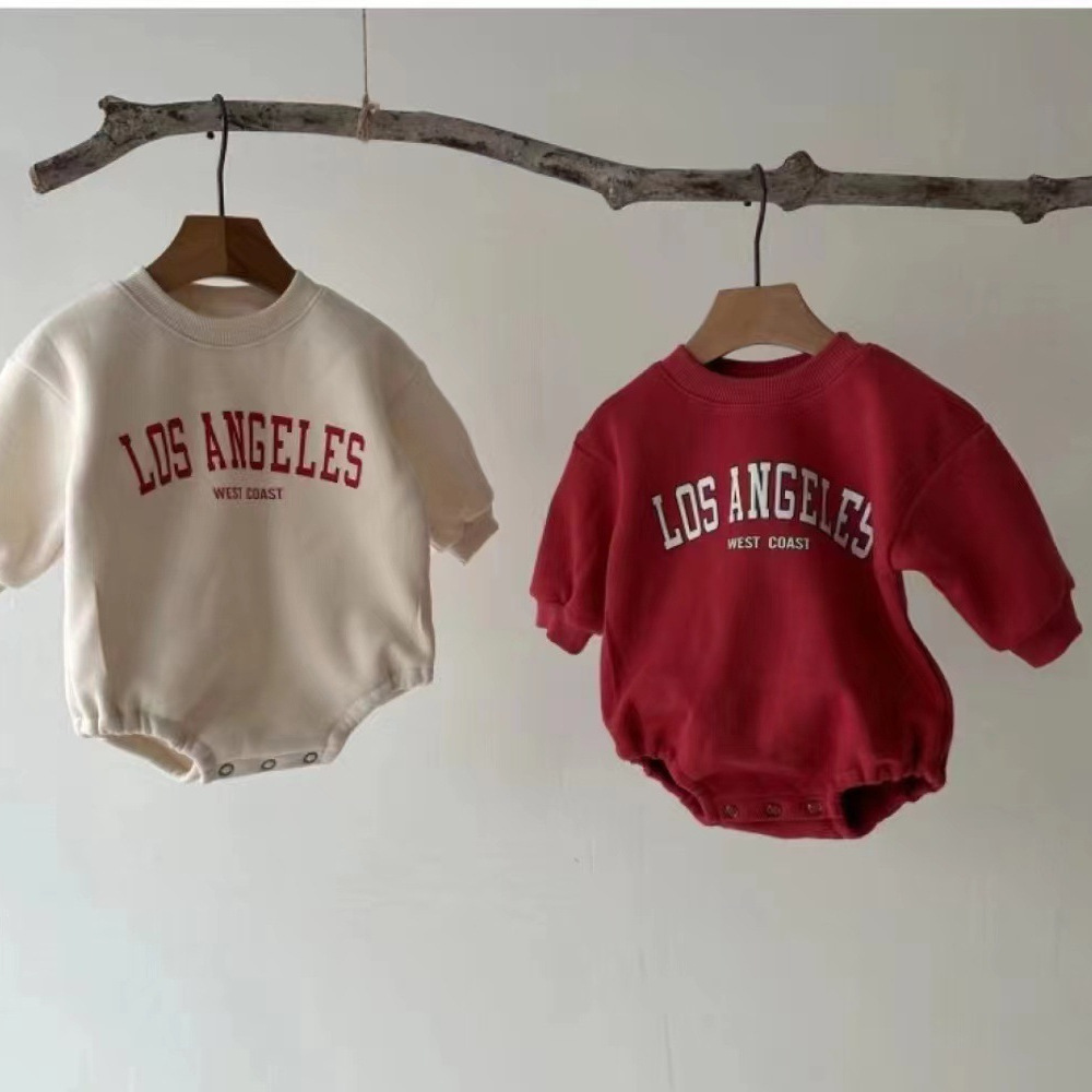 韩版冬款中小童简约字母加绒连体衣宝宝休闲长袖卫衣爬服