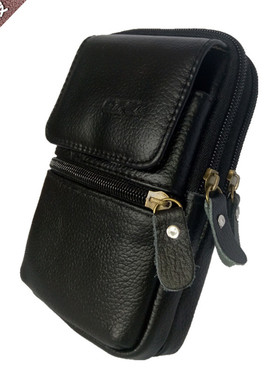 5.5-6.8寸男士手机腰包 真皮穿皮带多功能三拉链钱包防水牛皮竖款