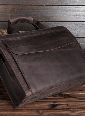 复古真皮男士休闲公文包斜挎包 横款商务牛皮包 疯马皮男包手提包