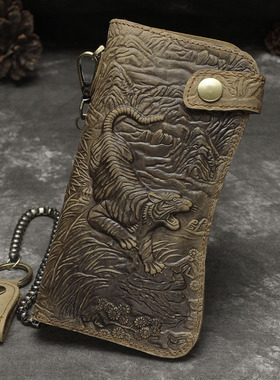 真皮韩版复古男士龙纹手拿包长款防盗钱包手机包男包钥匙环休闲包