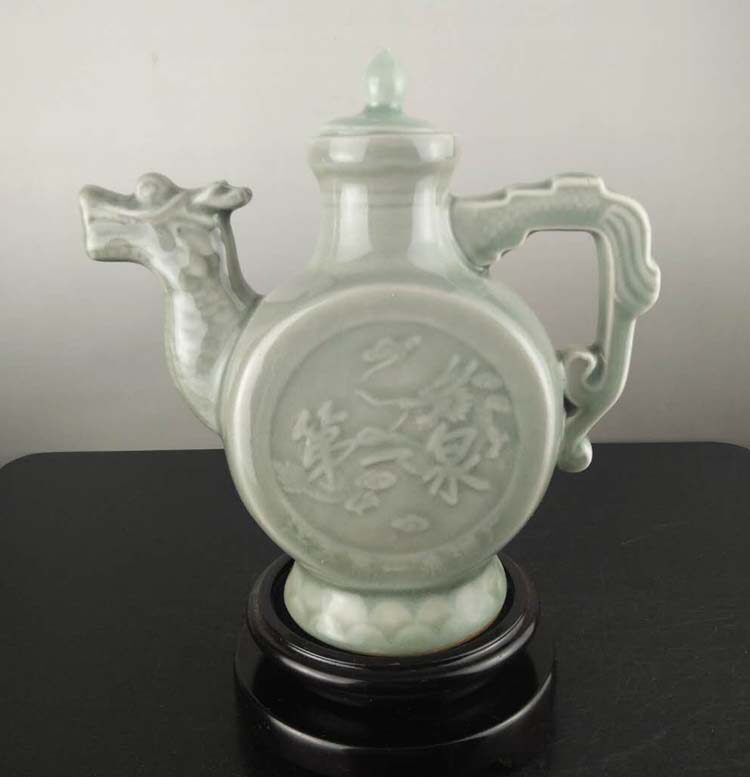 80年代老国营瓷厂青瓷茶具大容量龙壶茶具酒壶摆件柴窑大茶壶