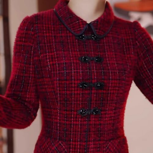 贵妃绒格子减龄喜婆婆高雅礼服女