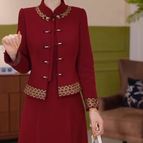 高档雪花绒夹棉中式外套连衣裙