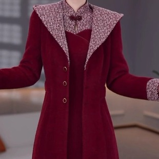 洋气喜婆婆礼服裙 新款 高档贵妃绒时尚 连帽夹棉大衣两件套2025冬季