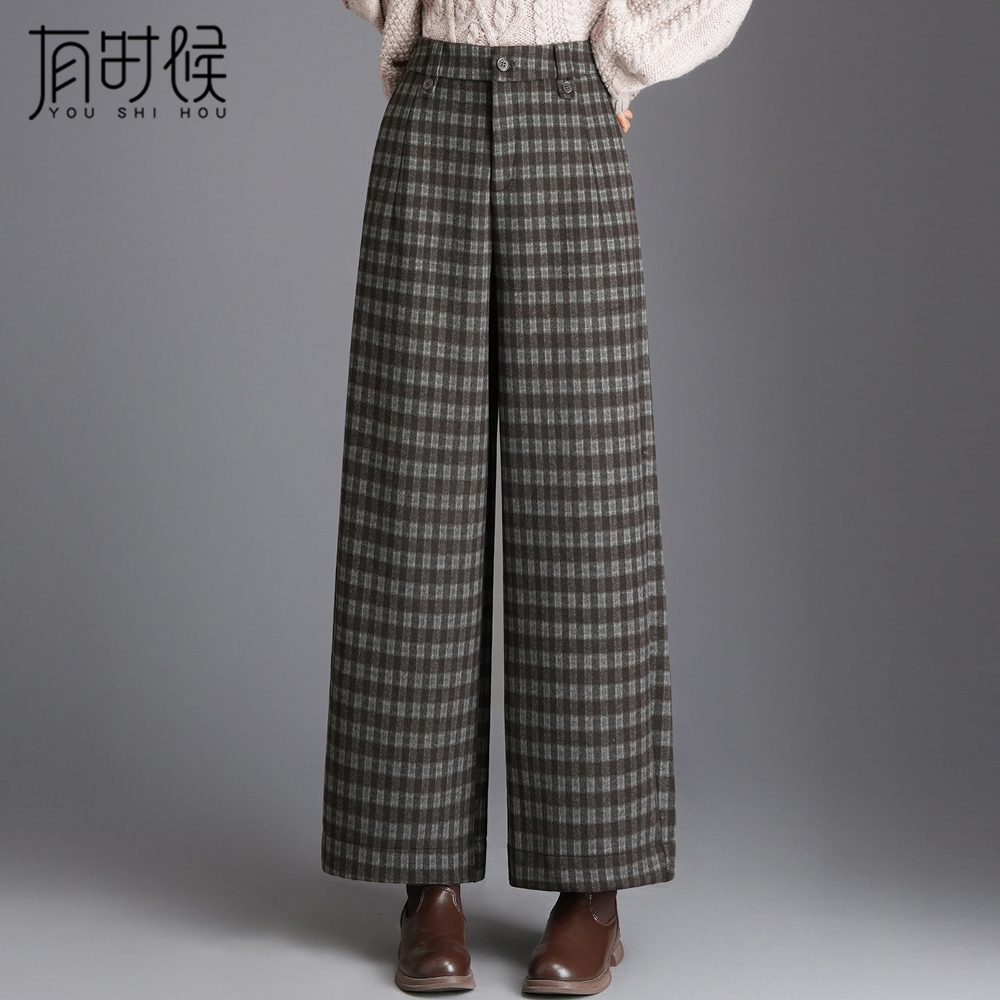 格子毛呢阔腿裤子女秋冬2026新款