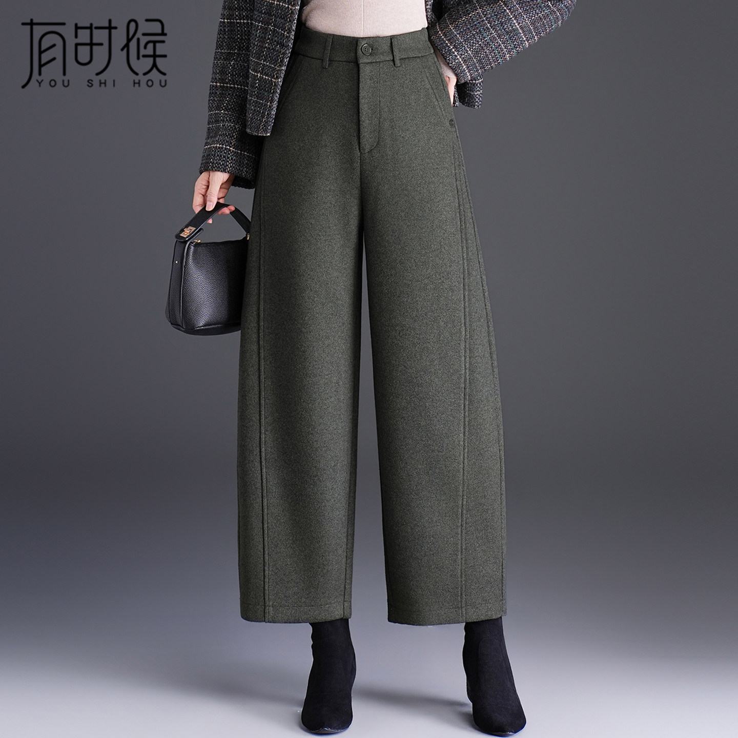 毛呢阔腿裤女秋冬季妈妈直筒裤