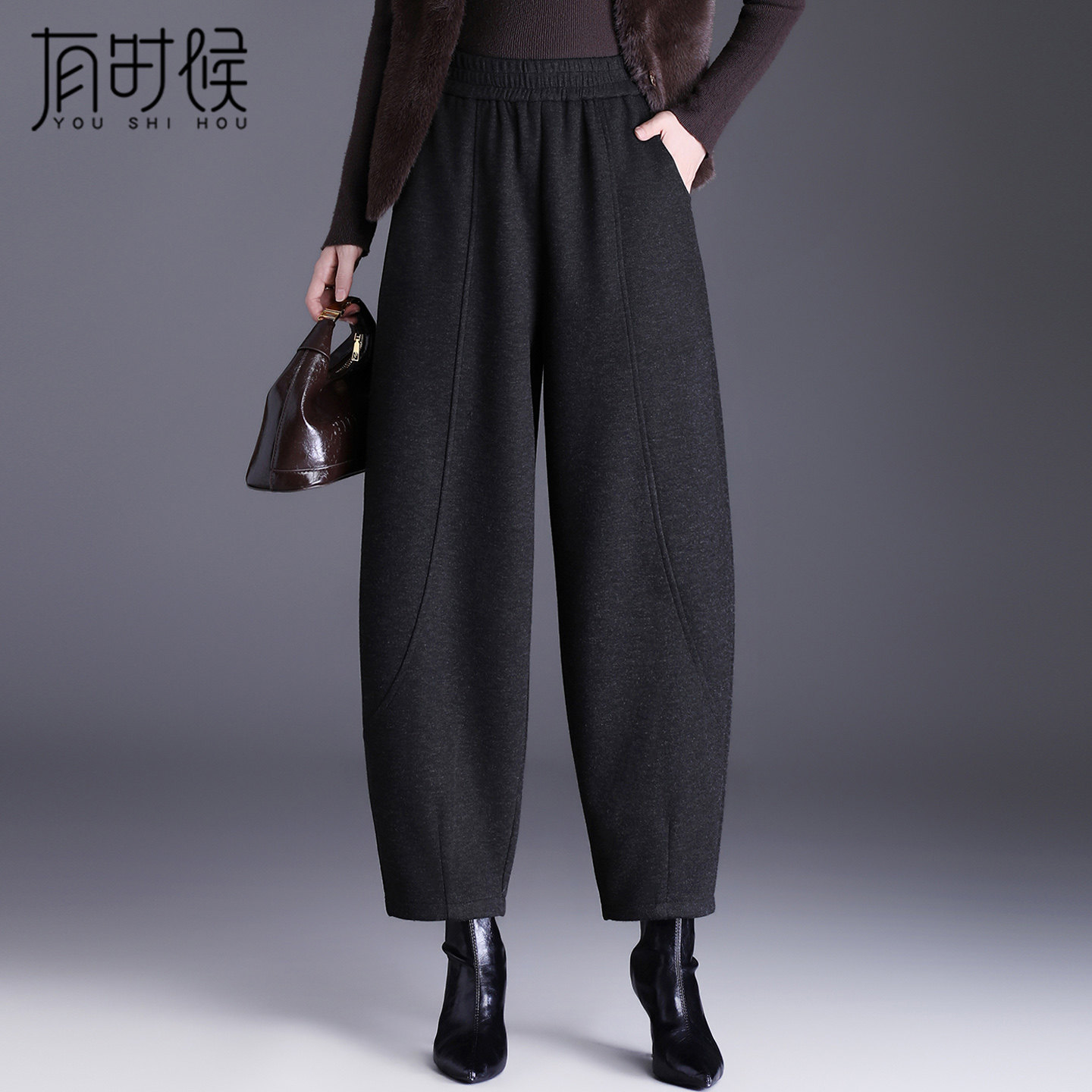 毛呢裤子女秋冬哈伦萝卜裤新款