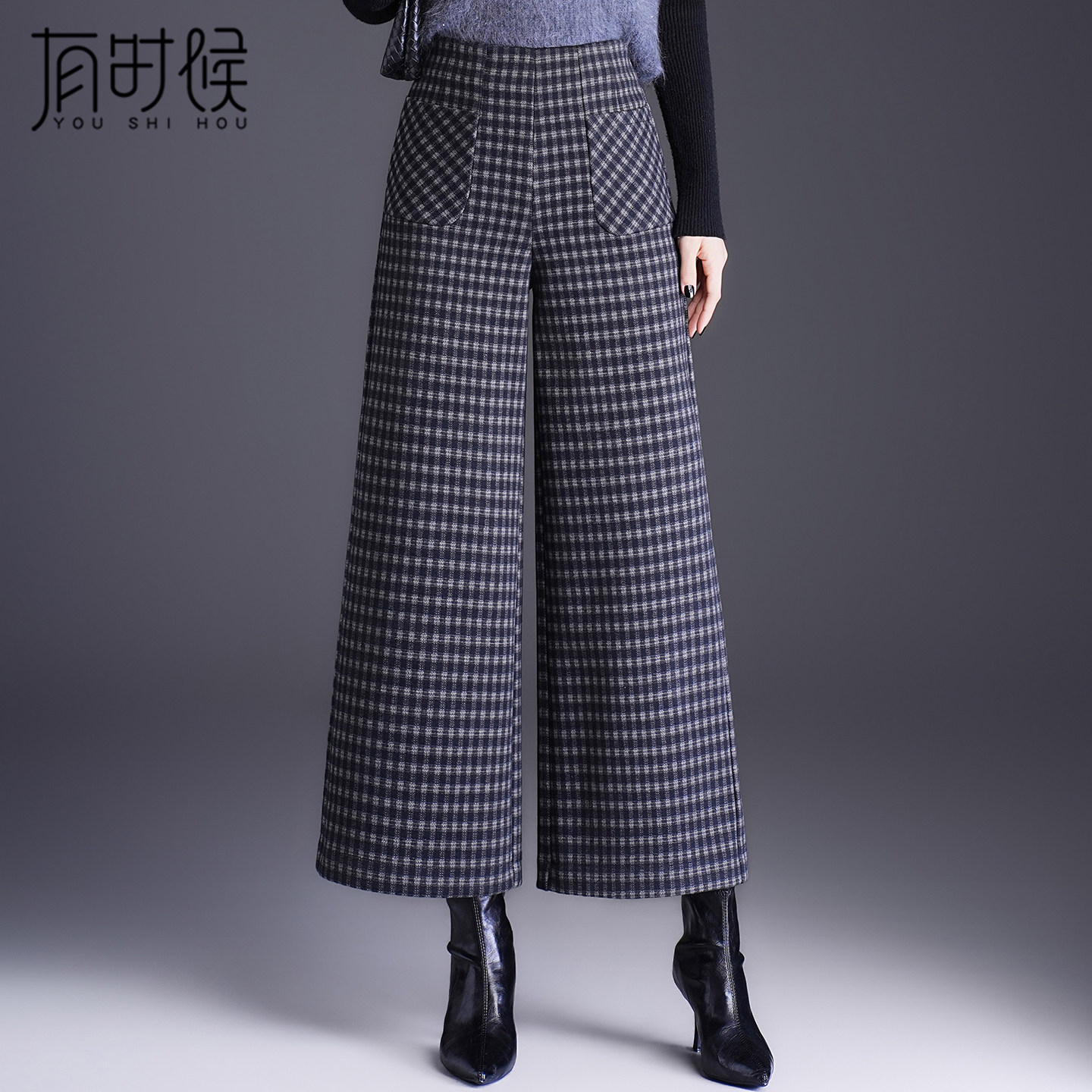 格子毛呢阔腿裤女秋冬妈妈直筒裤