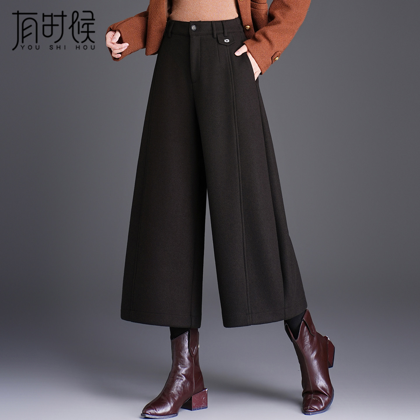 毛呢阔腿裤女秋冬季妈妈直筒裤