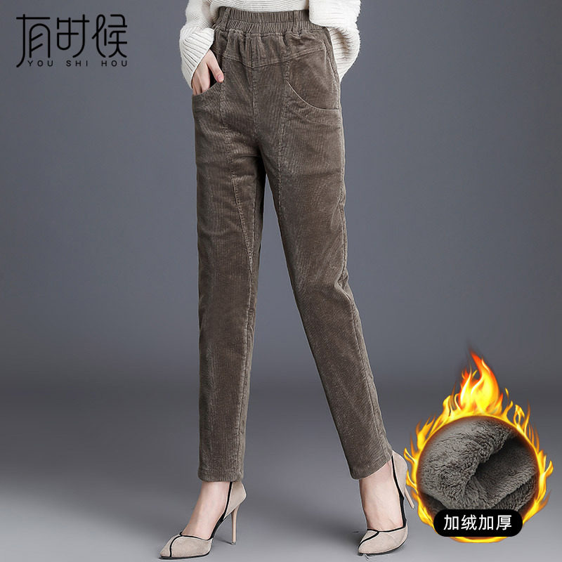 灯芯绒裤子加绒加厚大码高腰宽松条绒哈伦裤中老年女装妈妈裤秋冬