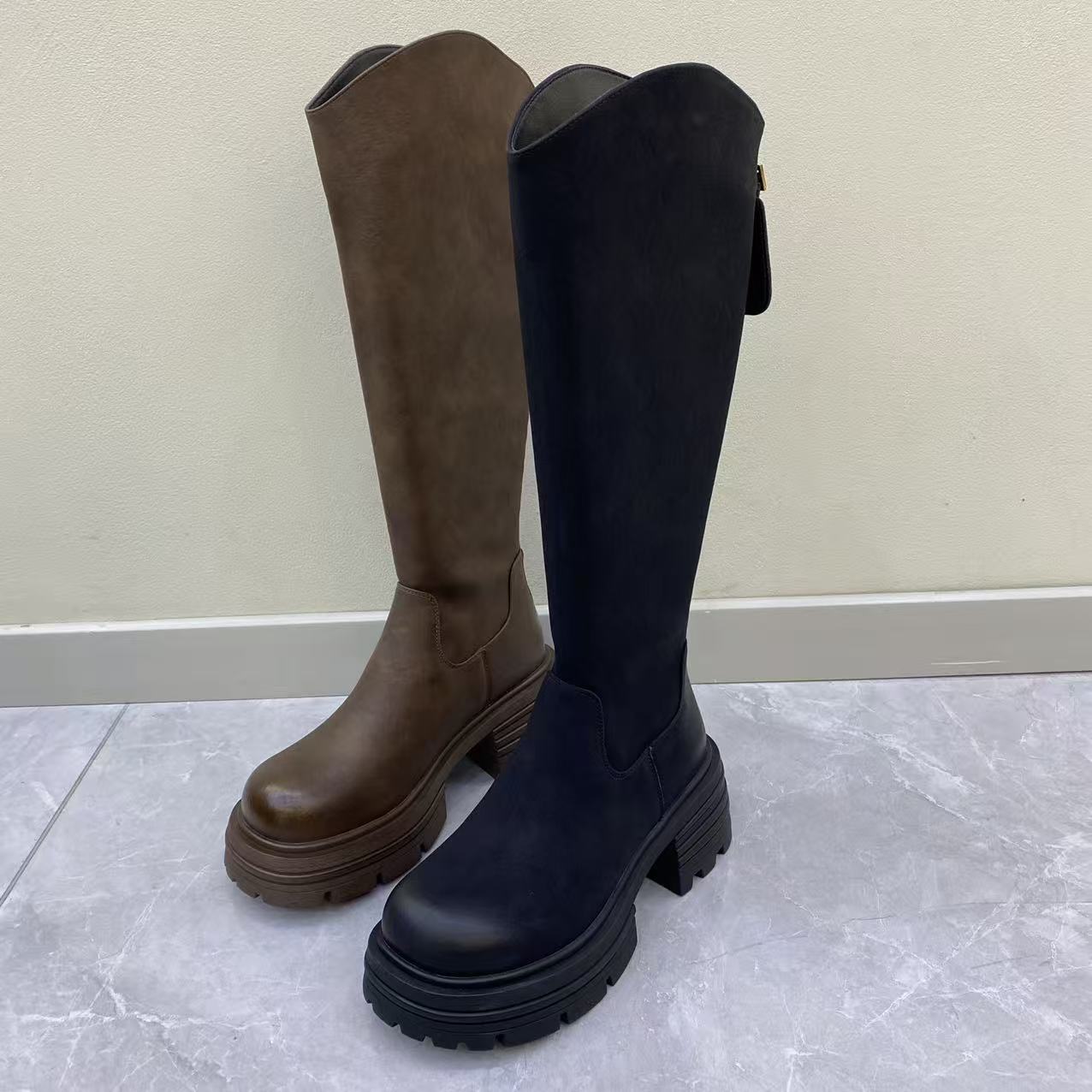 2025秋冬新款女款真皮高筒加绒长靴松糕底增高时尚百搭女靴