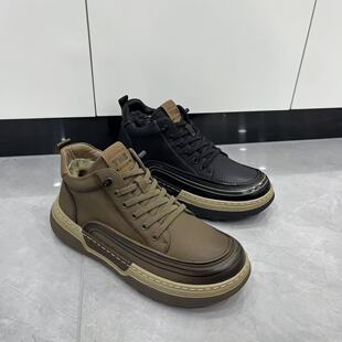 冬季新款男鞋真皮羊毛内里保暖高帮休闲鞋时尚百搭舒适防滑底男鞋