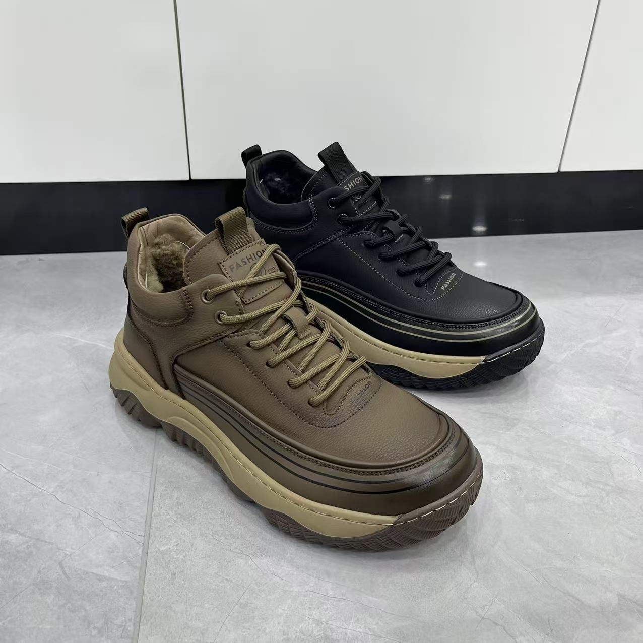 冬季新款男鞋真皮羊毛内里加棉保暖高帮休闲鞋百搭舒适防滑底男鞋