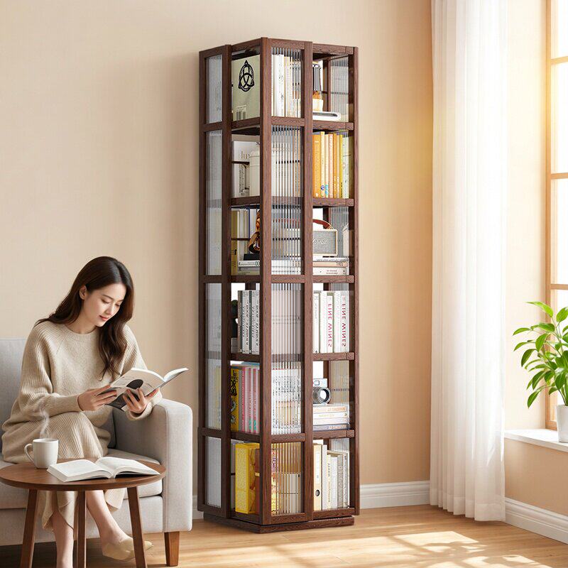 旋转书架6层长虹门胡桃色不占空间加宽加高360度旋转书房落地书柜