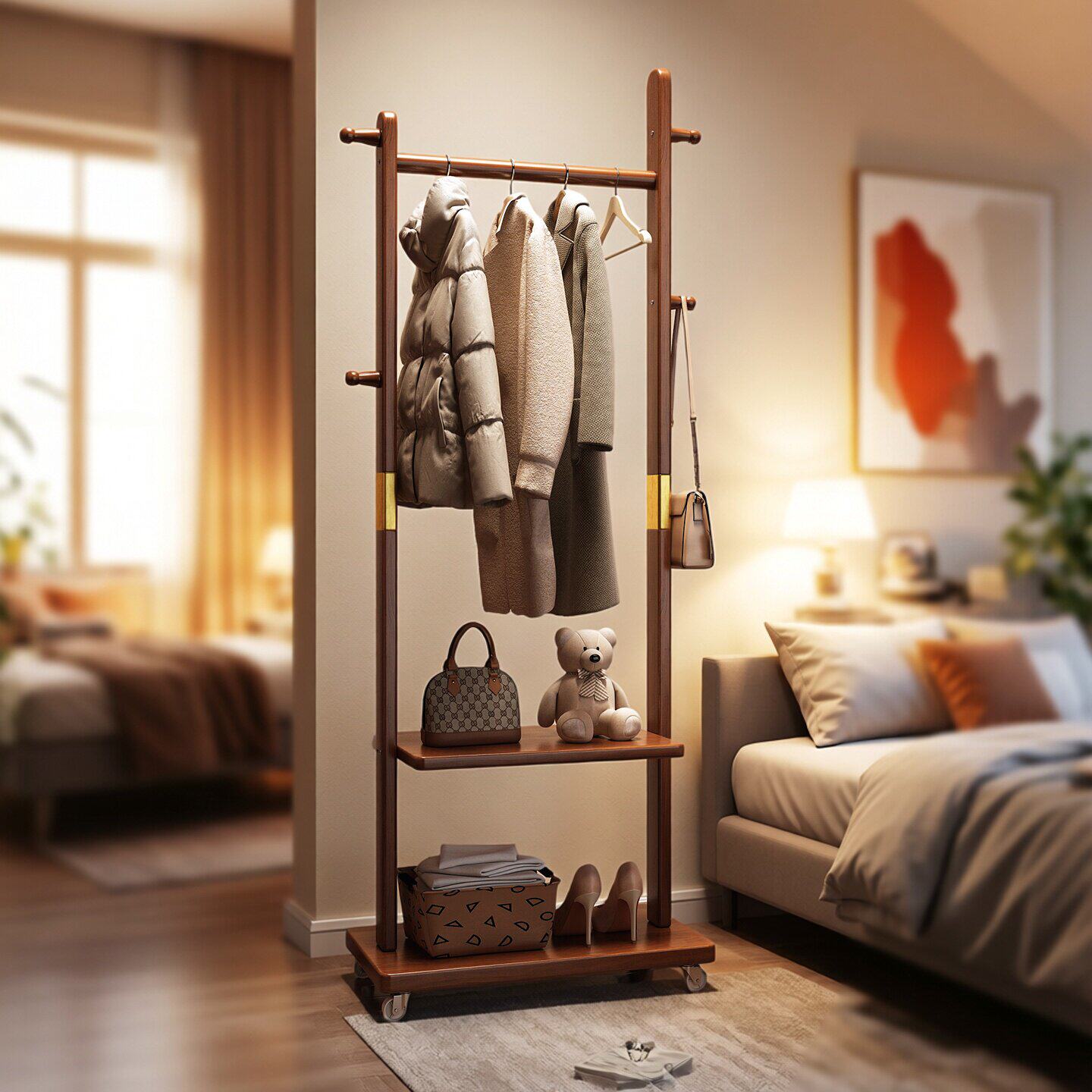 实木衣帽架落地卧室家用轻奢风可移动简易组装挂衣架收纳置物架子