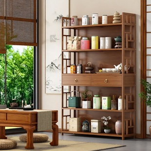 茶叶架中古风茶室摆件茶具摆放展示落地博古架楠竹多层收纳茶水柜