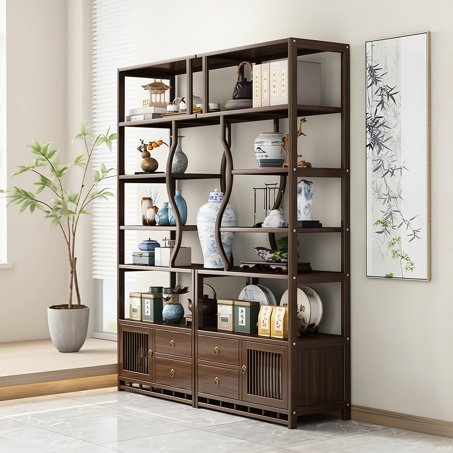 新中式博古架茶叶柜置物架茶具收纳架子展示柜客厅隔断摆件多宝阁,住宅家具,多宝格/博古架,淘宝优惠券,粉丝福利购,淘宝优惠卷